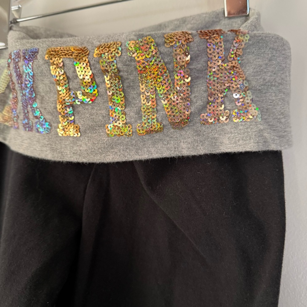 VS PINK Y2K bling foldover flare yoga leggings black grey sequin waistband Small - Picture 9 of 14